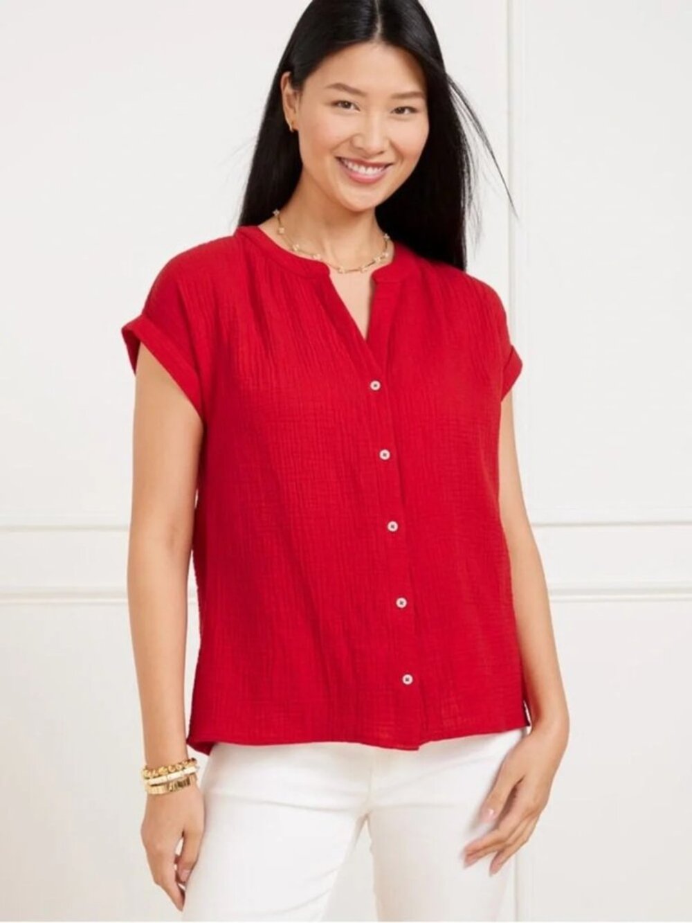 Talbots 100% Cotton Gauzy Band Collar Cap Sleeve Top 2024 Vacation Beach Red 1X